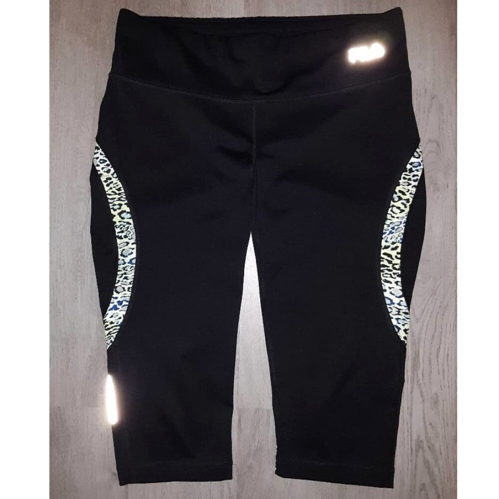 Fila Sport Running Cropped Capri Leggings Size Large Black Green Leopard Print